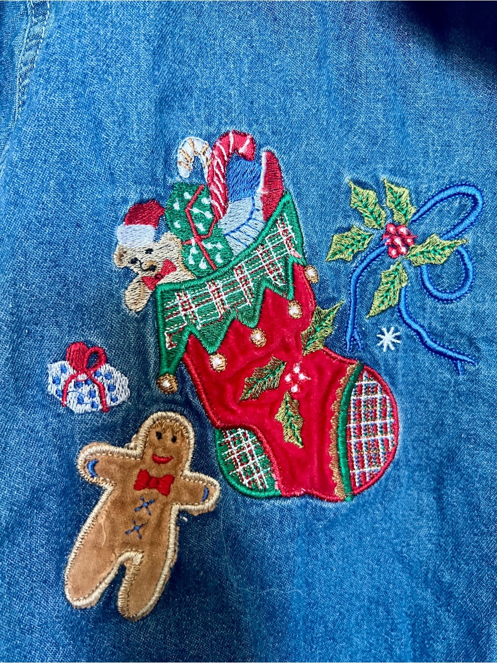 VTG Bobbie Brooks Christmas Theme Denim Button Up Shirt SZ L Velour Holiday - Picture 4 of 7